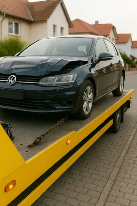 Ein defektes Auto wird in Ulm abgeschleppt, um es beim Autoankauf fachgerecht zu bewerten und anzukaufen.
