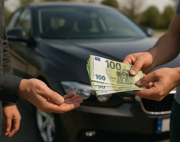 Ein Käufer übergibt Bargeld beim Autoankauf in Ulm, um den schnellen und unkomplizierten Verkauf abzuschließen.